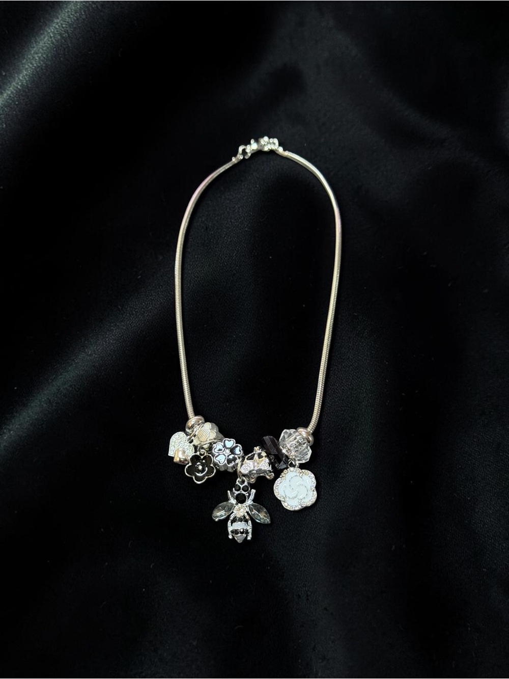 Silver Floral Charm Necklace with Bee Pendant - Women Jewelry